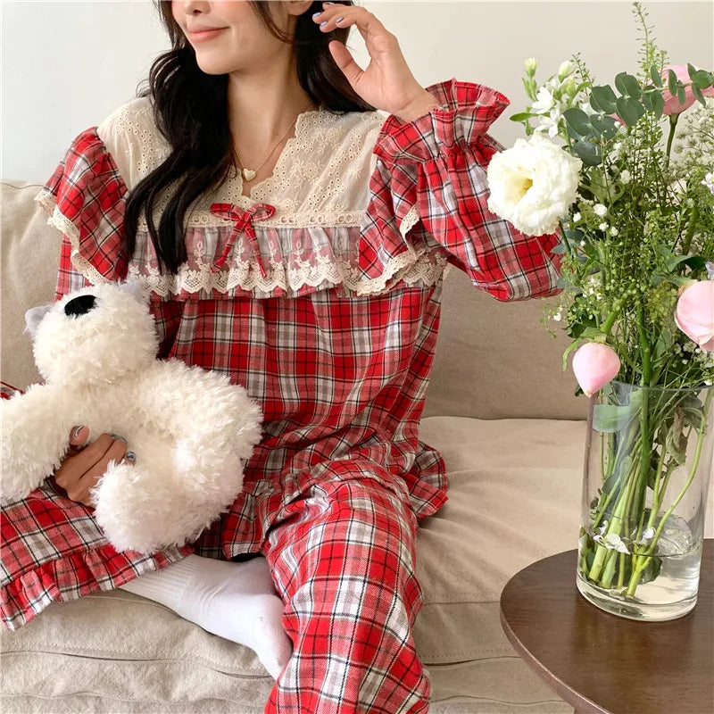 Loose Casual Couple Pajamas Sweet Lace Vintage Red Plaid  Thick  Nightwear Autumn Winter Princess Style Christmas Homewear D711