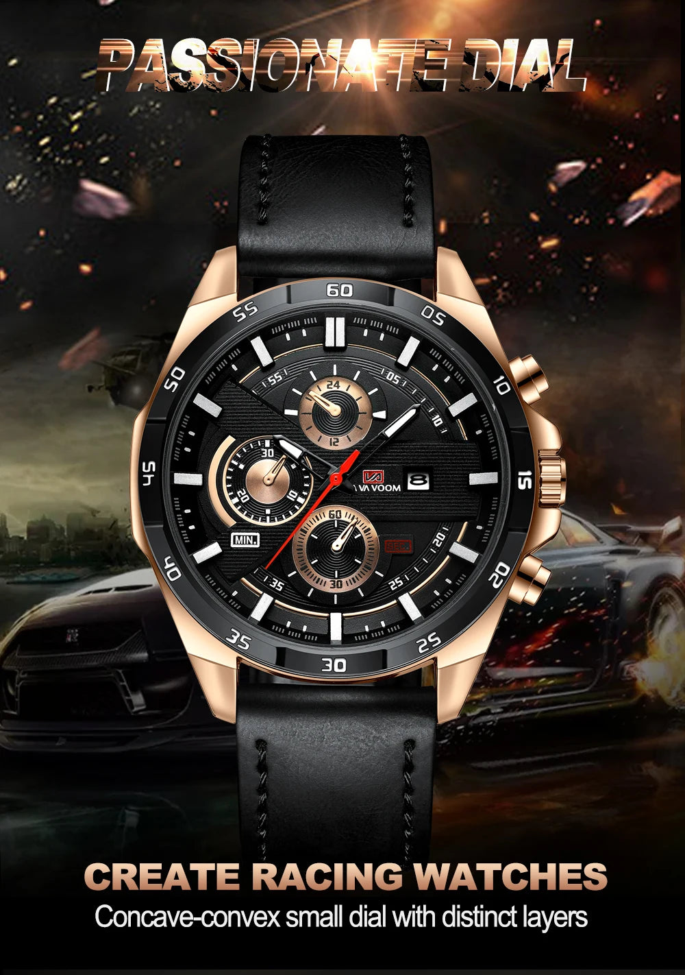 Top Men Watch Sports Style 46mm Large Leather Racing Style Casual Fashion Original Black Rose Gold Calendar Quartz Watch Relogio