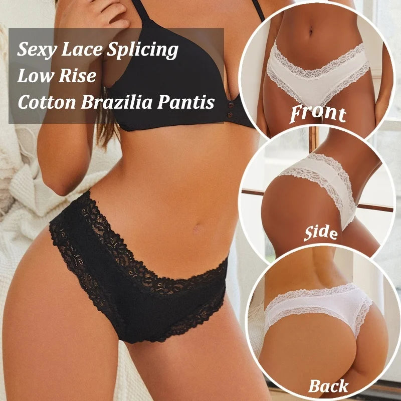6PCS/Set Sexy Lace Cotton Panties Women Brazilian Panties Ladies Sexy Low Waist Elastic T-Back Bikini Solid Soft Lingerie S-XL