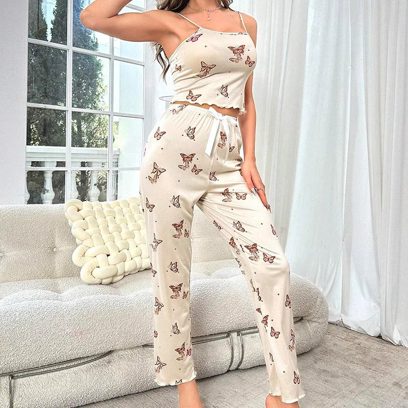 Women's Pajama Set Soft&Comfortable Home Clothes Pyjama Femme Floral Print Round Neck Frill Trim Cami Top & Pants Lounge 2 Piece