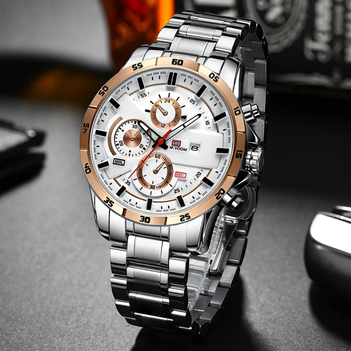 Top Men Watch Sports Style 46mm Large Leather Racing Style Casual Fashion Original Black Rose Gold Calendar Quartz Watch Relogio