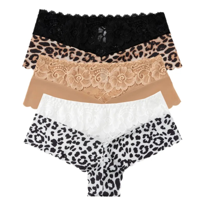 Women's 3 Pieces Panties Sexy Leopard Lace Lingerie Woman Underwear Ladies Underpants Solid Color Woman Clothing Knickers