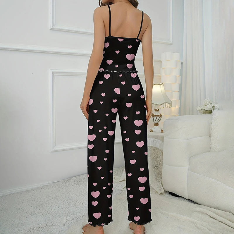 Women's Pajama Set Soft&Comfortable Home Clothes Pyjama Femme Floral Print Round Neck Frill Trim Cami Top & Pants Lounge 2 Piece