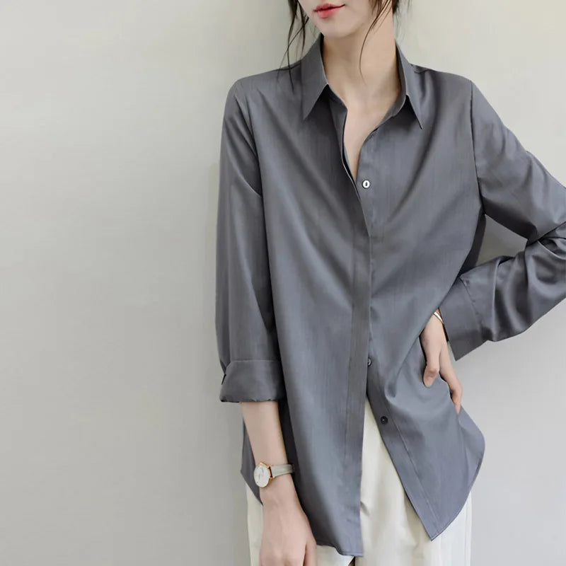 Spring Autumn Vintage Grey Loose Women's Blouse 2025 New Long Sleeve Single Breasted Korean Casual Office Lady Shirts Female