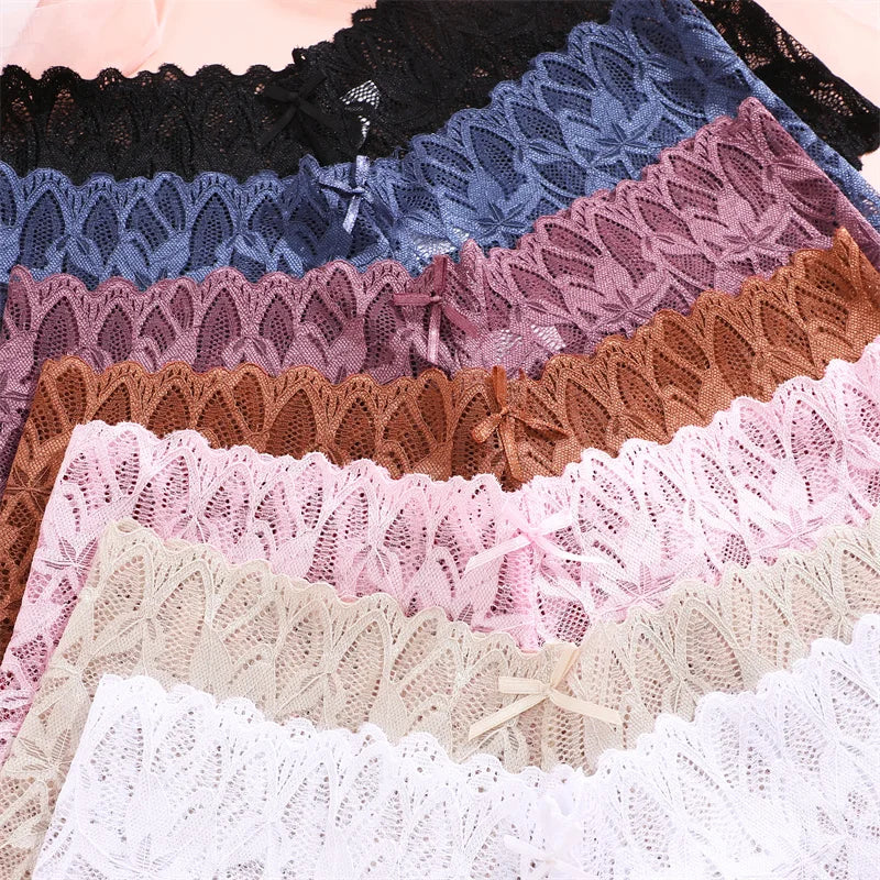 4PCS Women Floral Lace Panties Sexy Perspective Underwear V Waist Solid Color Underpants Female Breathable Intimates Lingerie
