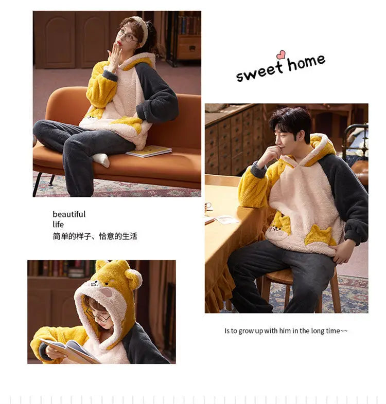Couples Pajamas Women Men Winter Thicken Pyjamas Sleepwear Cartoon Dinosaur Korean Lovers Homewear Soft Warm Hoodies Pijama