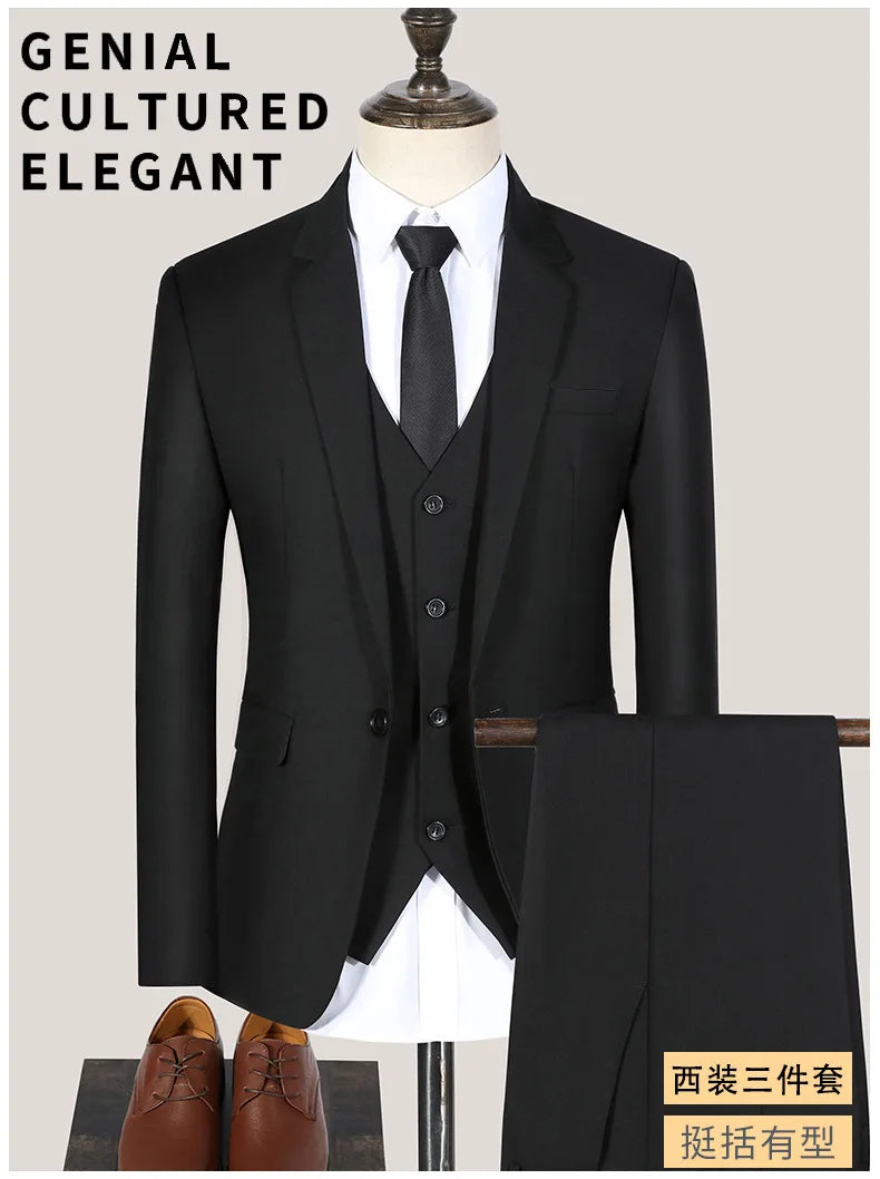 S-7XL Suit (Blazer+vest+pants) Business Dinner Gentleman Slim Gentleman Men British Style Dress Best Man Solid Color Group Suit
