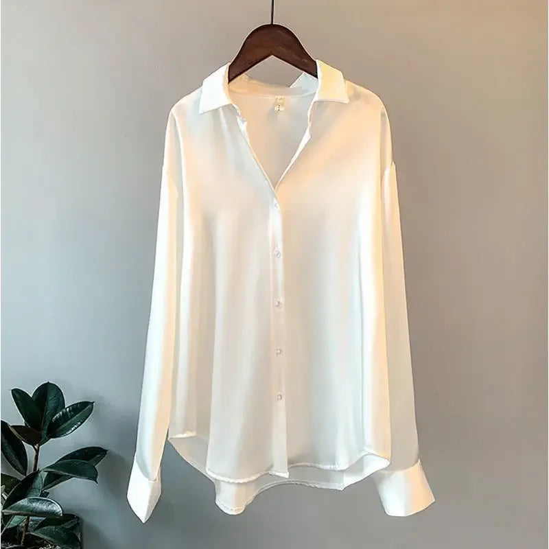 Elegant Shirts & Blouses Summer Autumn Long-sleeved Satin Shirt with All Hanging Vintage Solid Color Casual Shirt Blouse Tops