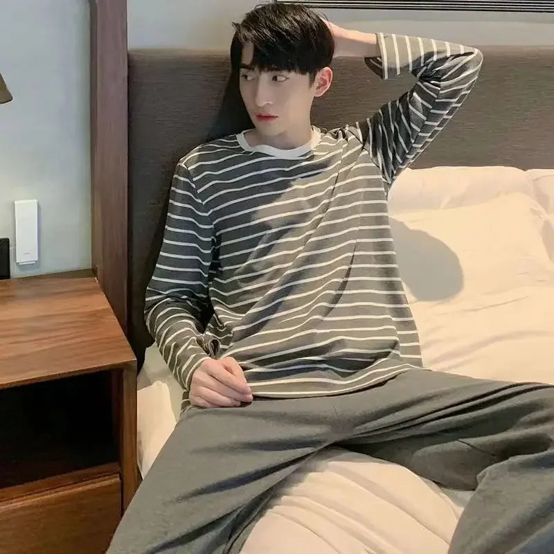 Men's Pajamas Set of Spring and Autumn Long-Sleeved Long Trousers Student Sleepwear Homewear Two-Piece O-Neck Top Plaid Trouser