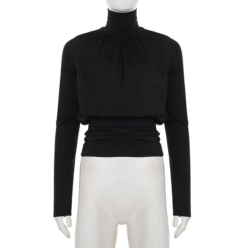 Solid Black T Shirts For Women Elegant Clothes Turtleneck Camisetas Lady Tops Long Sleeve Ropa De Mujer Shirring Feminist Shirt