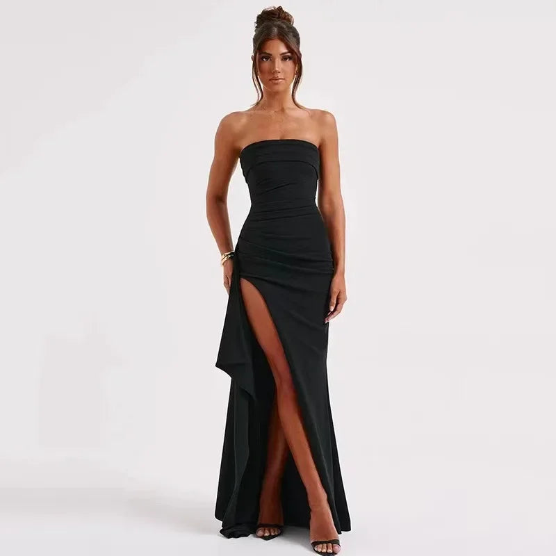 Strapless Backless High Split Maxi Dress For Women Black Off-shoulder Sleeveless Bodycon Club Party Long Dress Clothes