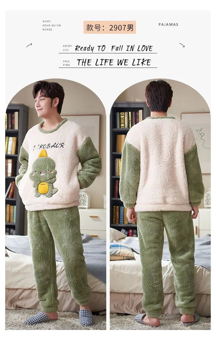 Couples Pajamas Women Men Winter Thicken Pyjamas Sleepwear Cartoon Dinosaur Korean Lovers Homewear Soft Warm Hoodies Pijama