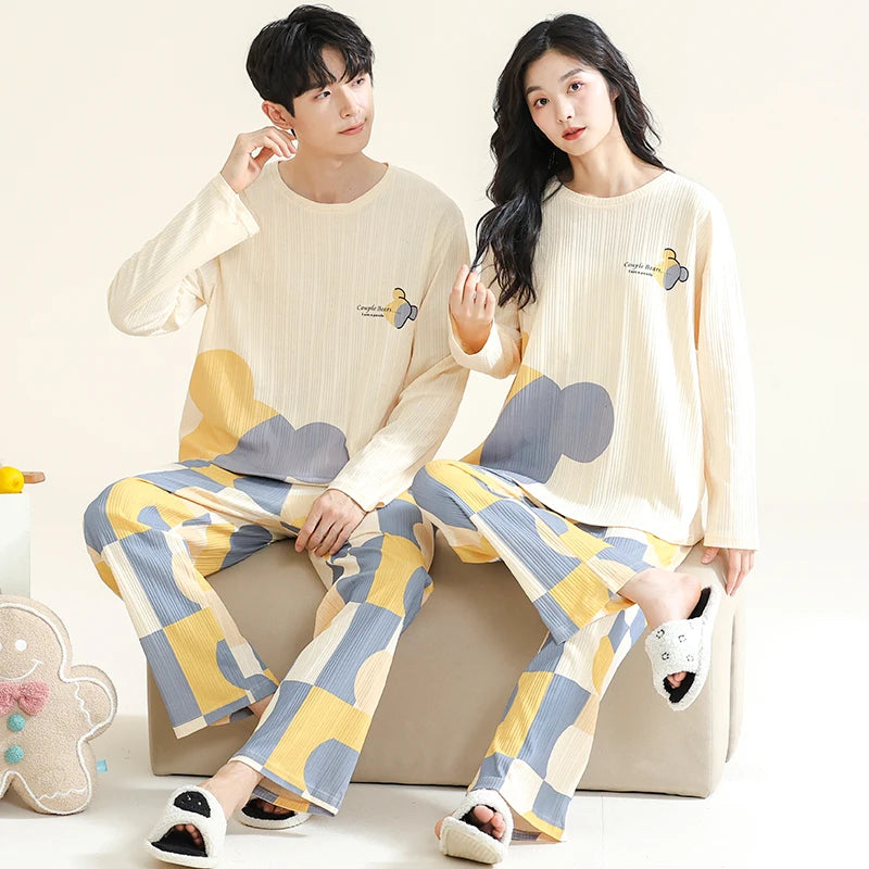 Couple's Pijama Sets M-3XL Autumn Spring Pajamas Lovely Cartoon Sleepwear Cotton Pyjamas For Women Man Top Pant Leisure Outwear