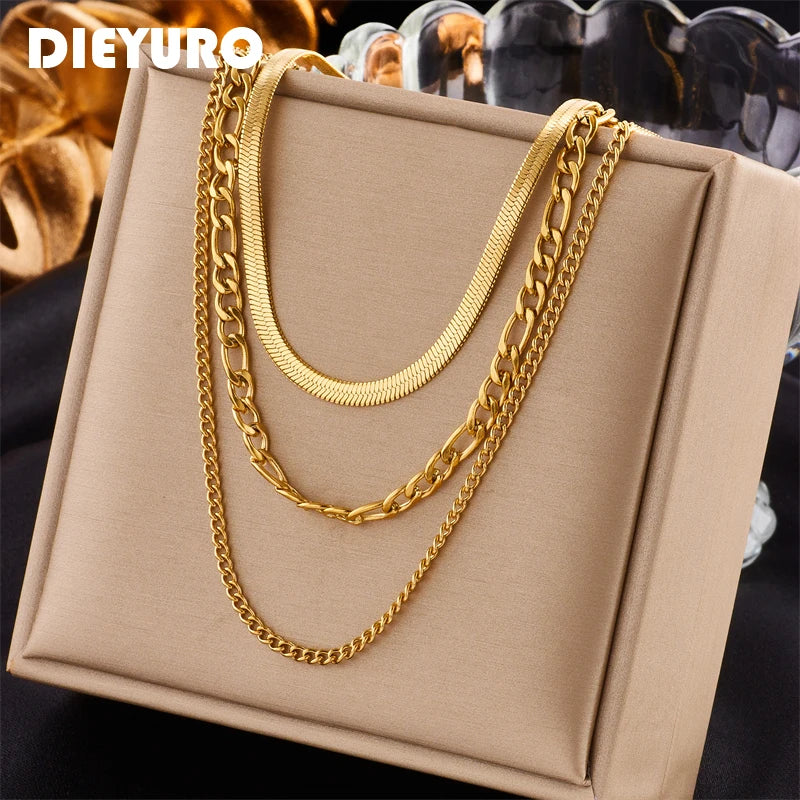 DIEYURO 316L Stainless Steel Gold Color 3 Chains Necklace For Women 2022 Punk Street Trend Rustproof Neck Jewelry Gift Bijoux