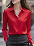 Autumn Solid Color Long-sleeved Versatile Shirt Lapel Satin Shirt