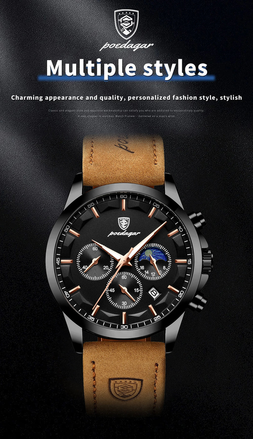 POEDAGAR Luxury Stylish Male Wristwatch Waterproof Chronograph Luminous Date Man Watch Leather Quartz Sports Men's Watches Reloj