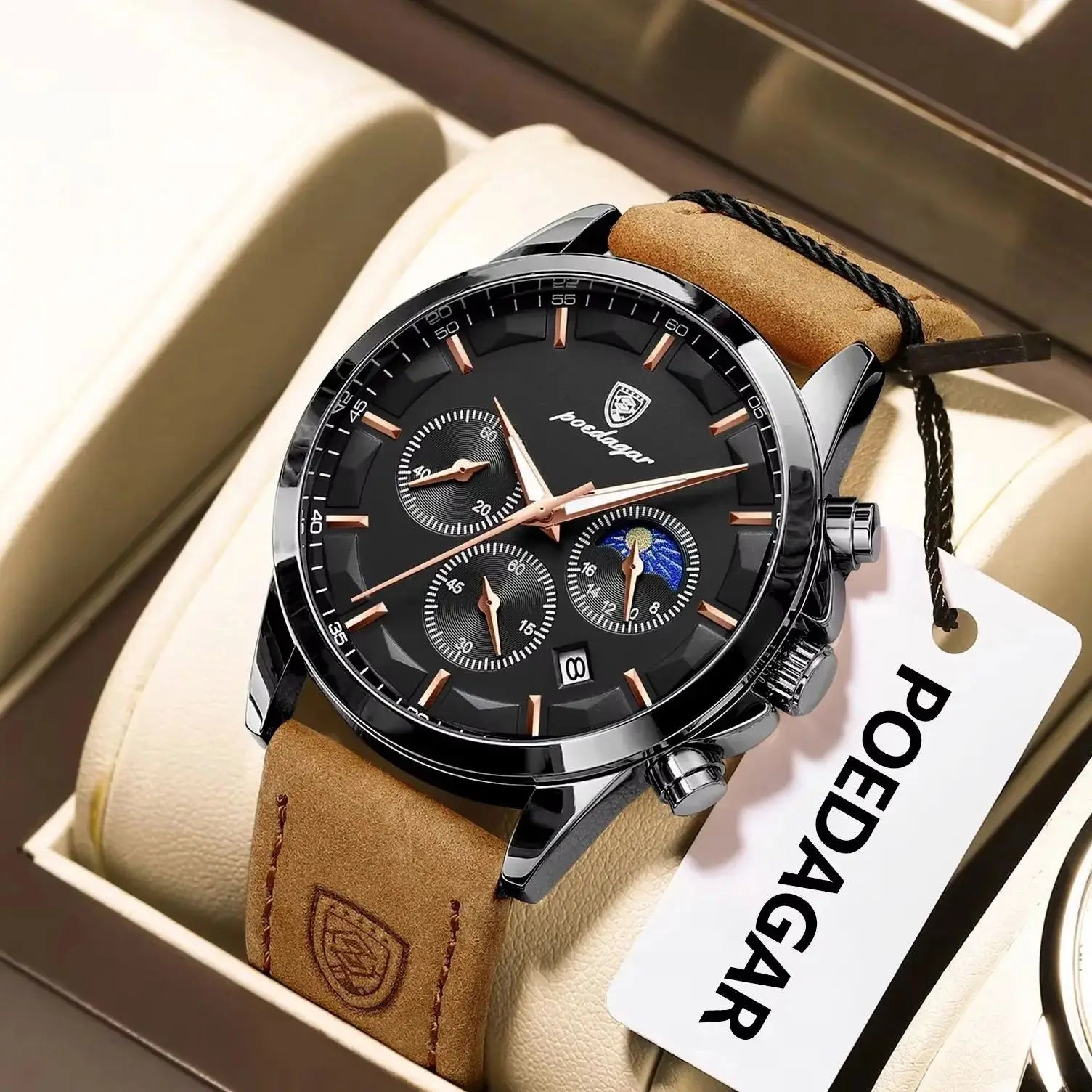 POEDAGAR Luxury Stylish Male Wristwatch Waterproof Chronograph Luminous Date Man Watch Leather Quartz Sports Men's Watches Reloj