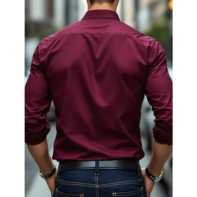 2025 Men's Shirt Brand New Solid Color Long Sleeve Smart Casual Four Season Elastic Male Business Shirts