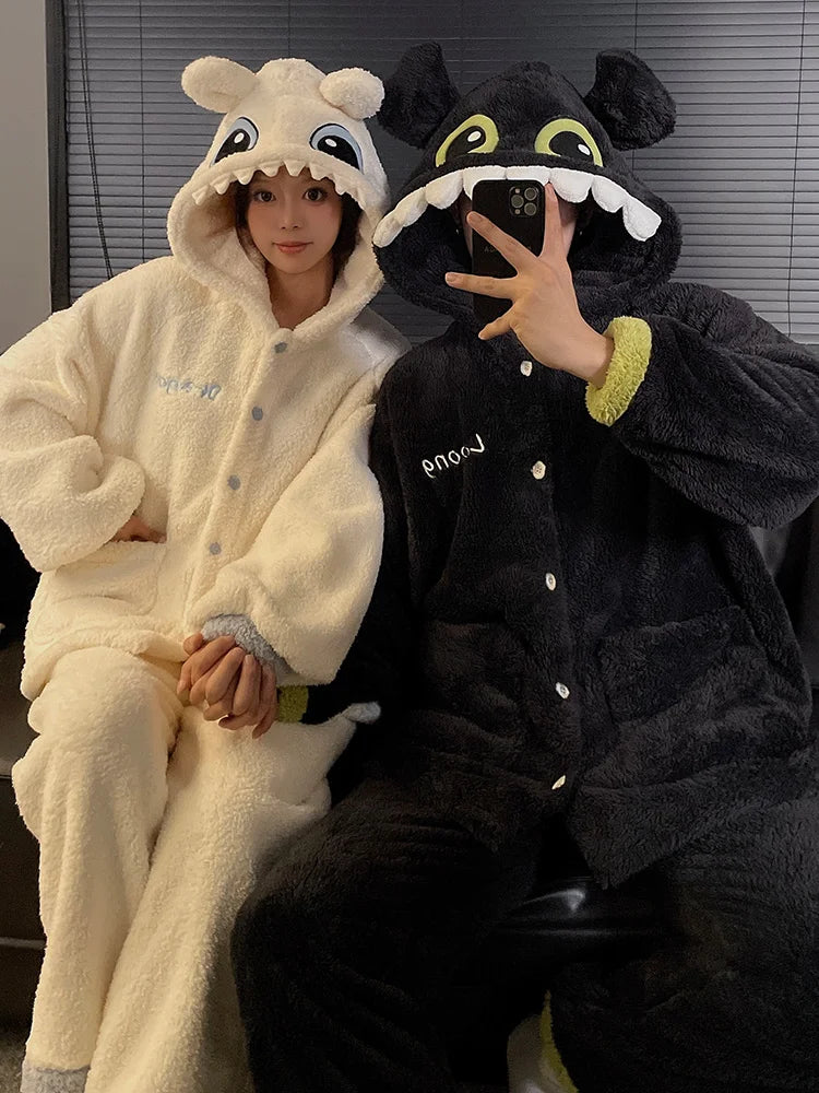 DAIMELU Toothless Boy Couple Pajamas Women's Autumn sleepwear Coral Fleece Fleece Thickened Hooded Men's Winter nightwear Set