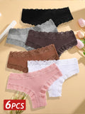 6PCS/Set Sexy Lace Cotton Panties Women Brazilian Panties Ladies Sexy Low Waist Elastic T-Back Bikini Solid Soft Lingerie S-XL