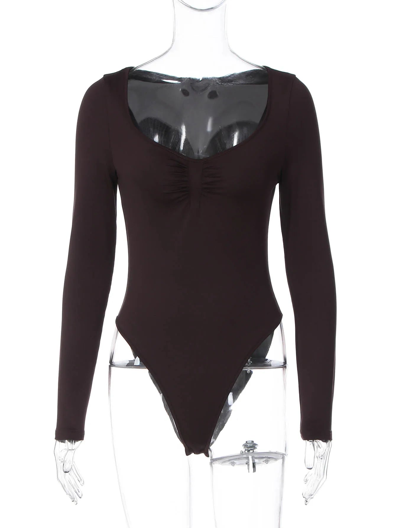 Dulzura O-Neck Long Sleeve Shirring Slim Bodysuit Women'S Solid Casual Versatile Romper Party Club Street Autumn Winter Clothes