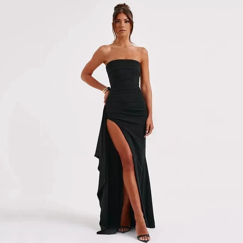 Strapless Backless High Split Maxi Dress For Women Black Off-shoulder Sleeveless Bodycon Club Party Long Dress Clothes