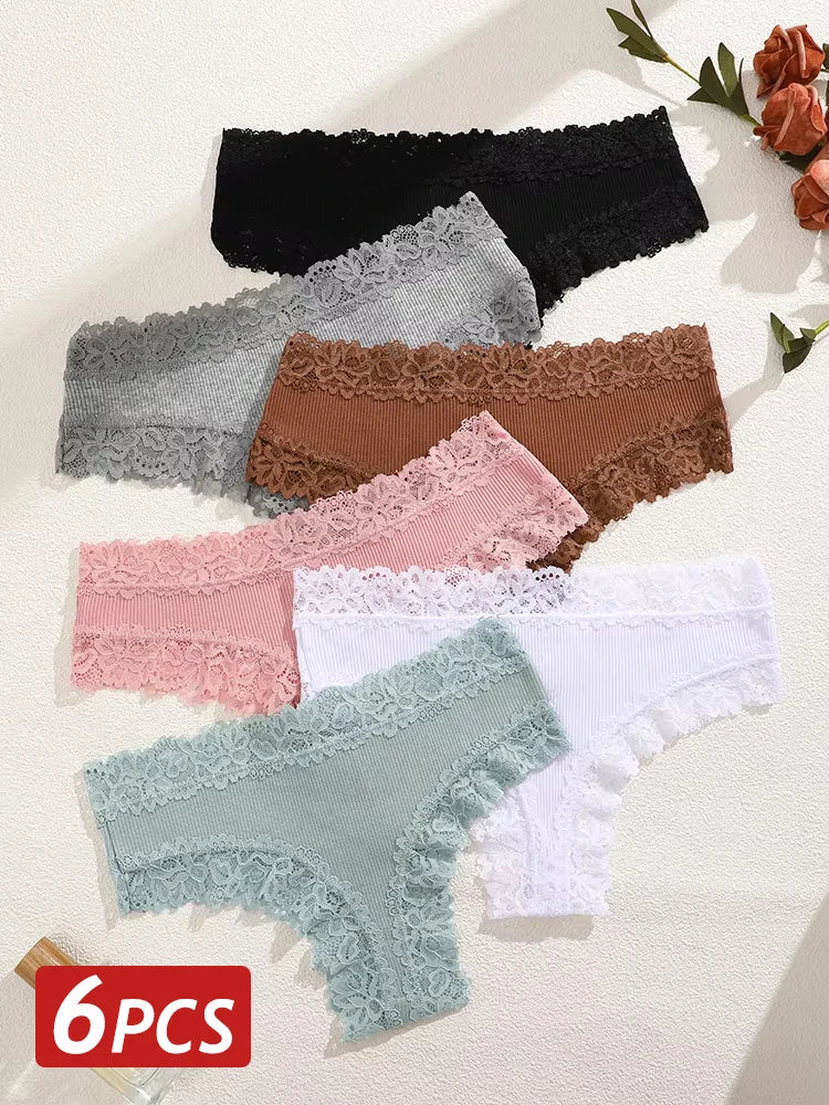 6PCS/Set Sexy Lace Cotton Panties Women Brazilian Panties Ladies Sexy Low Waist Elastic T-Back Bikini Solid Soft Lingerie S-XL