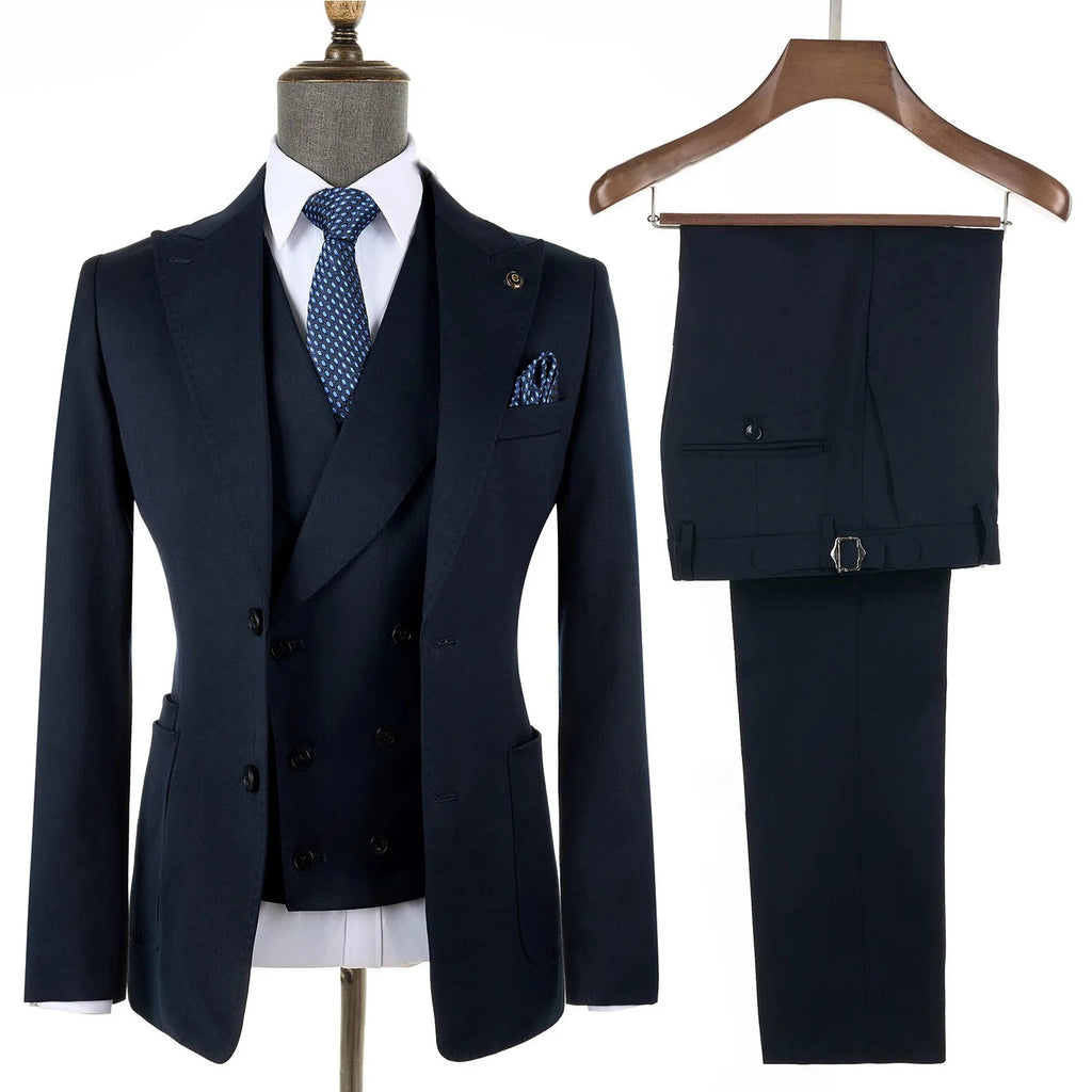 2025 Men Suits Navy Blue Black Stripe with Patch Pocket Meeting Wedding Daily Use Blazer Vest Pants 3 Pieces Set
