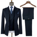 2025 Men Suits Navy Blue Black Stripe with Patch Pocket Meeting Wedding Daily Use Blazer Vest Pants 3 Pieces Set