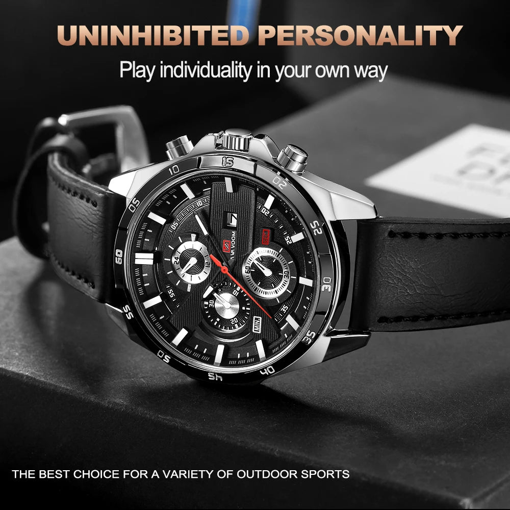 Top Men Watch Sports Style 46mm Large Leather Racing Style Casual Fashion Original Black Rose Gold Calendar Quartz Watch Relogio