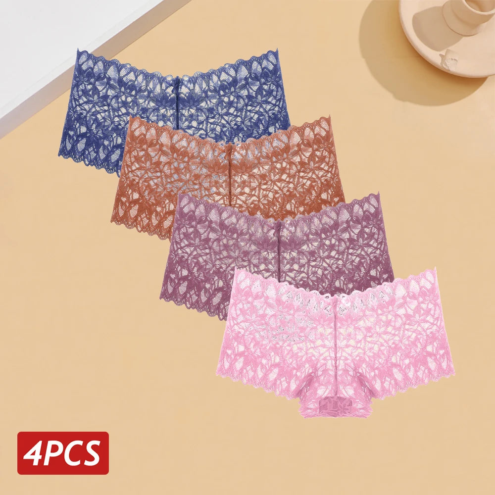 4PCS Women Floral Lace Panties Sexy Perspective Underwear V Waist Solid Color Underpants Female Breathable Intimates Lingerie