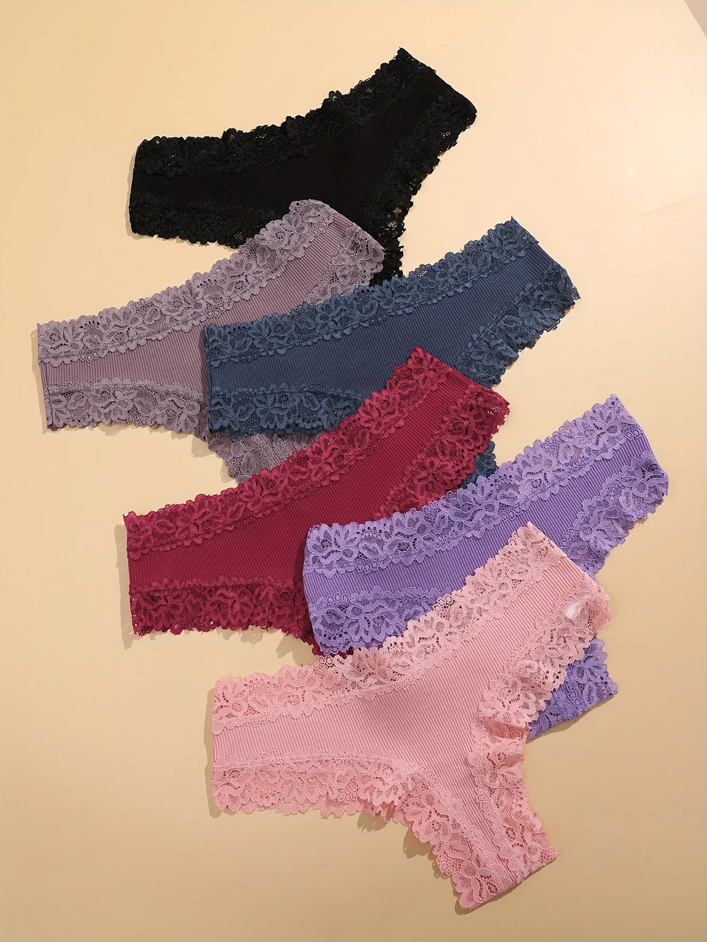 6PCS/Set Sexy Lace Cotton Panties Women Brazilian Panties Ladies Sexy Low Waist Elastic T-Back Bikini Solid Soft Lingerie S-XL