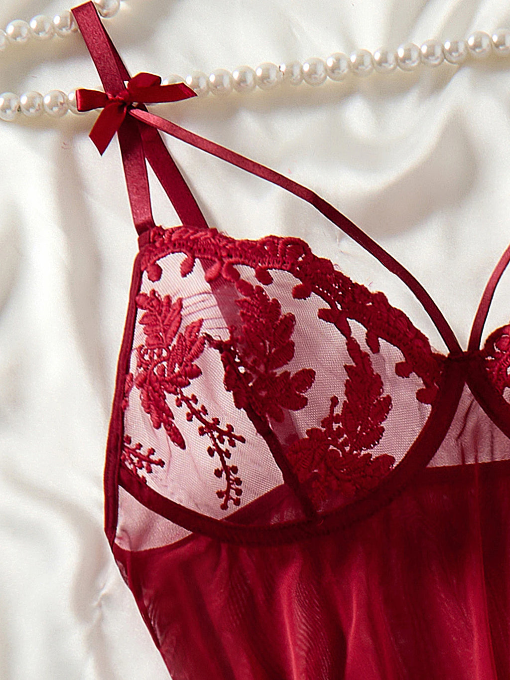 Ladies' wine red countryside style wheat ear embroidery semi transparent nightgown, elegant and comfortable, bow design ZA825066