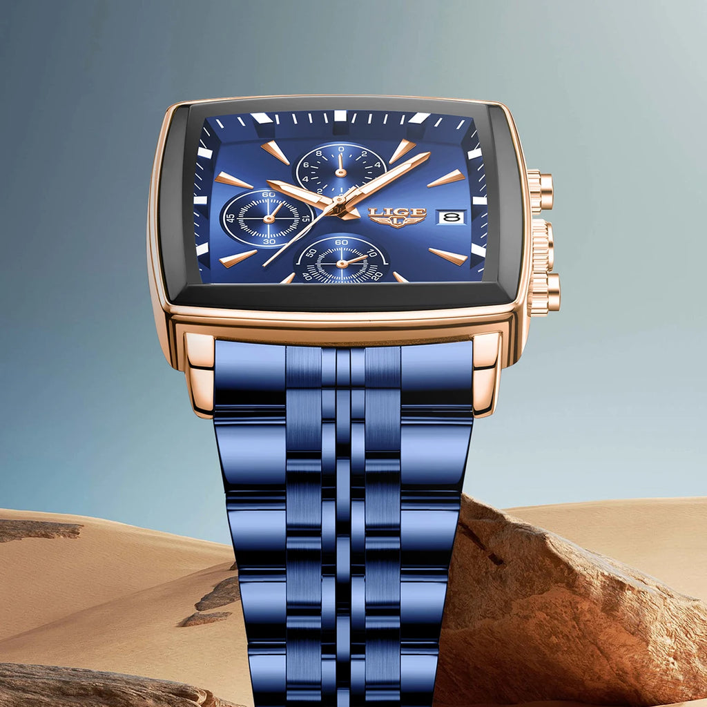 LIGE New Luxury Business Men Wristwatch Chronograph Waterproof Luminous Calendar Watch For Men Square Quartz Men's Watches Reloj