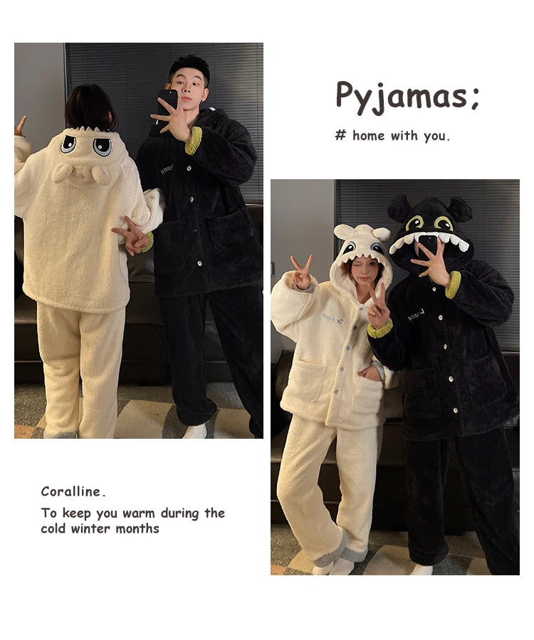 DAIMELU Toothless Boy Couple Pajamas Women's Autumn sleepwear Coral Fleece Fleece Thickened Hooded Men's Winter nightwear Set