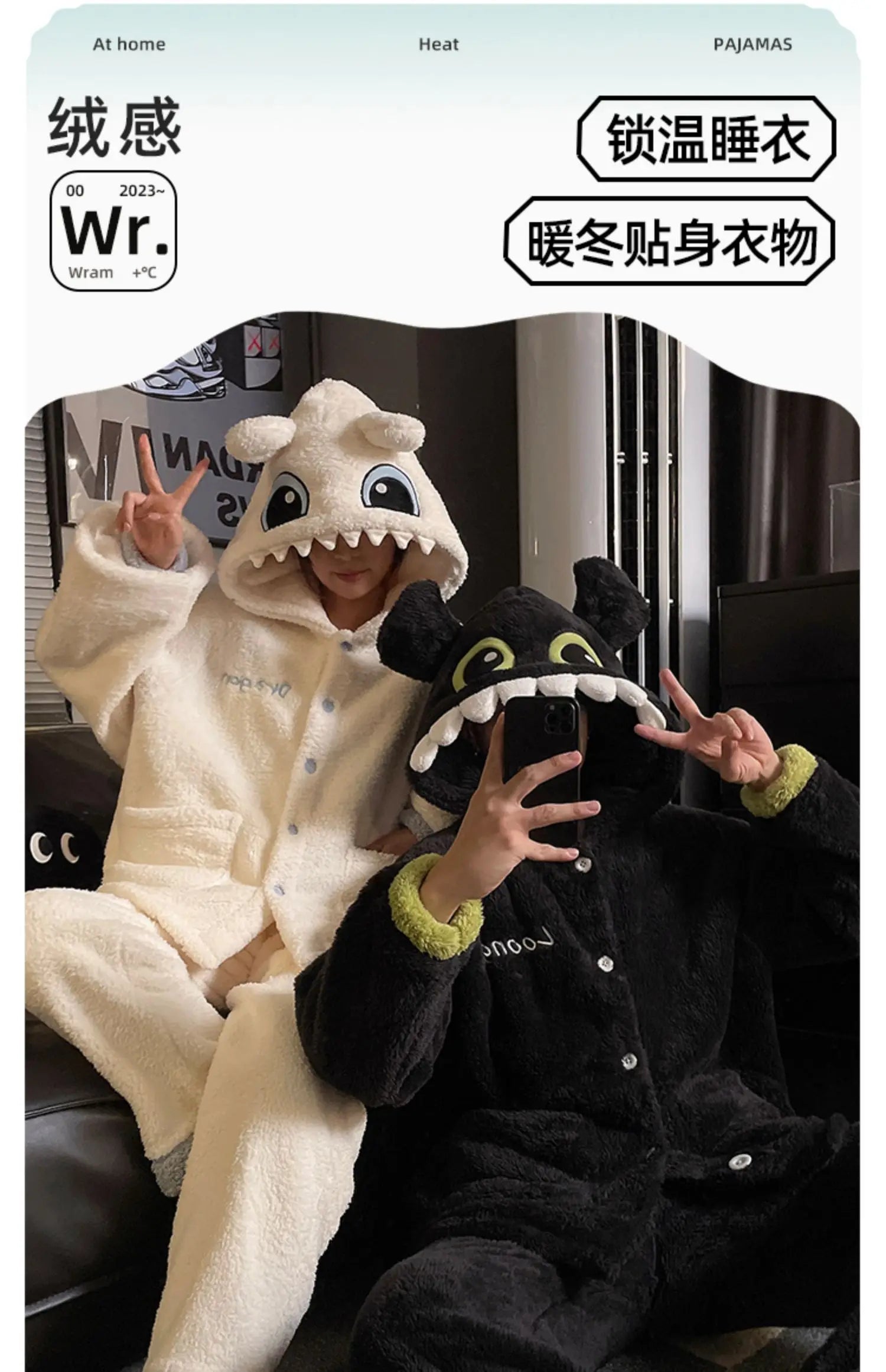 DAIMELU Toothless Boy Couple Pajamas Women's Autumn sleepwear Coral Fleece Fleece Thickened Hooded Men's Winter nightwear Set