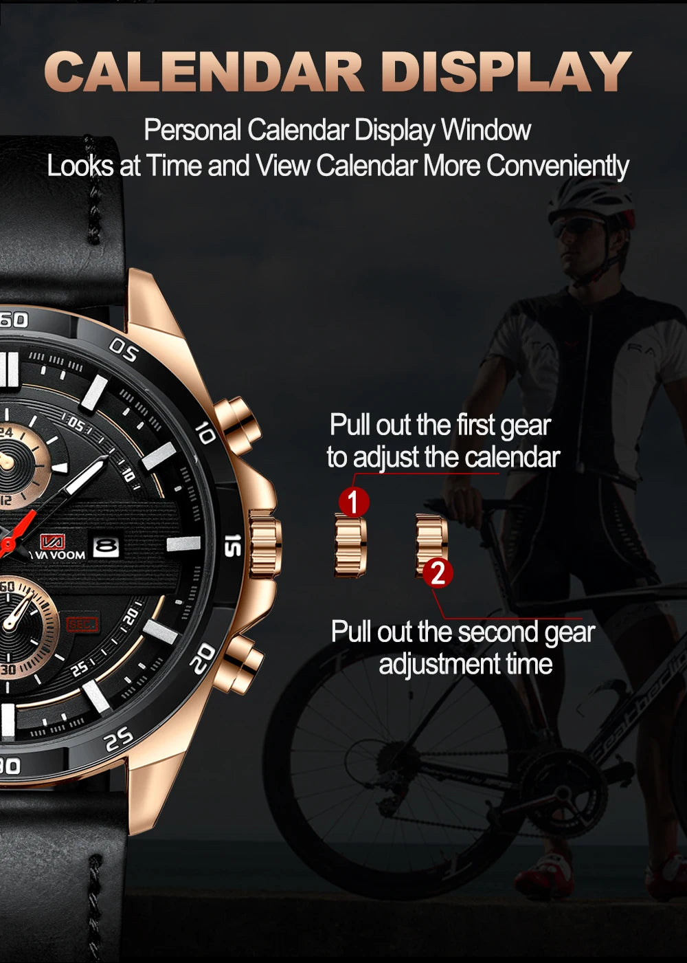 Top Men Watch Sports Style 46mm Large Leather Racing Style Casual Fashion Original Black Rose Gold Calendar Quartz Watch Relogio