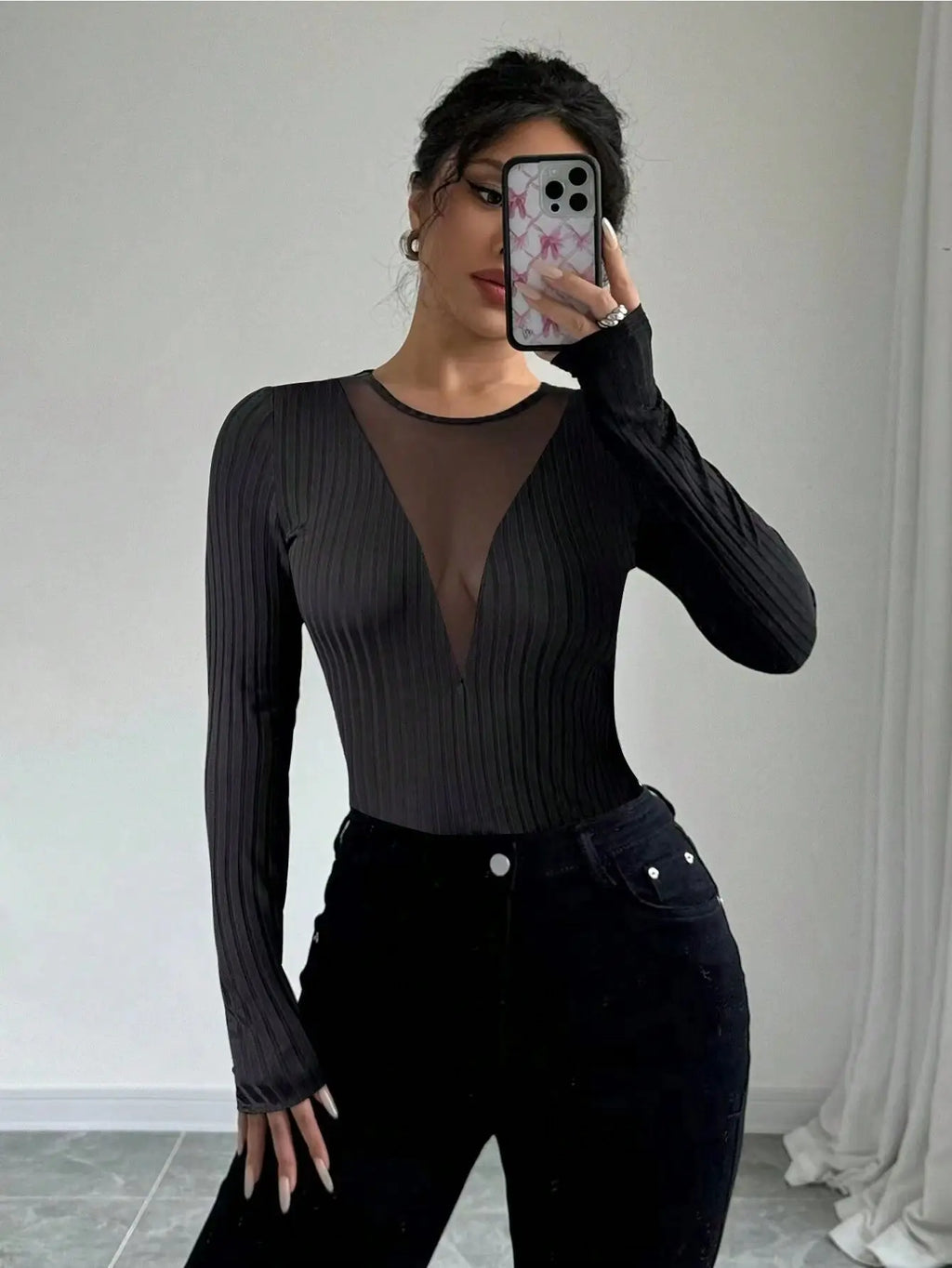 2025 Woman Clothing Top Women T-shirt Tank New Women's Sexy Front Mesh Panel Cutout Solid Color Long Sleeve T-Shirt Slim Fit Top