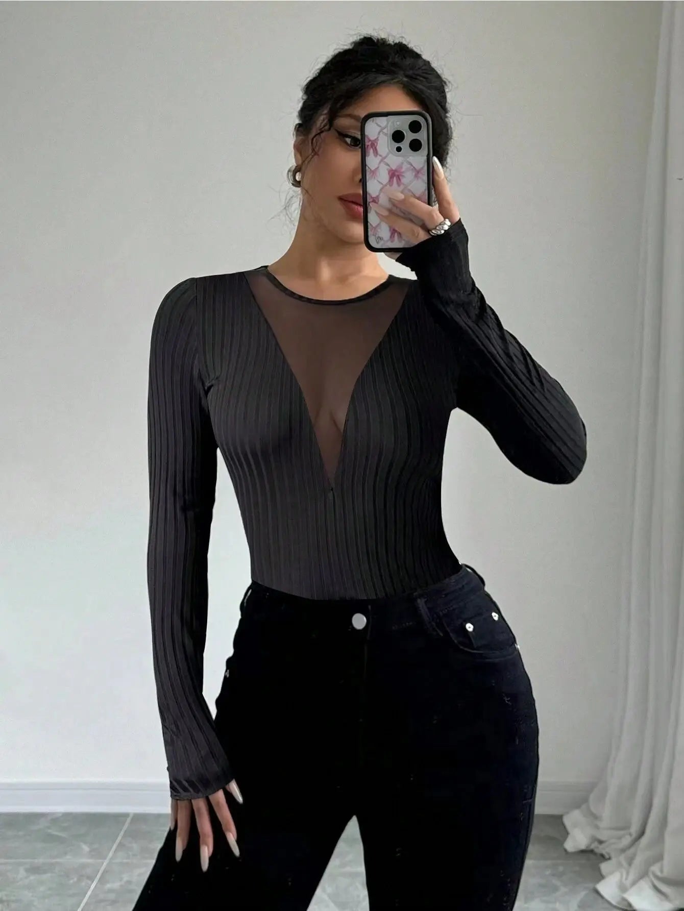 2025 Woman Clothing Top Women T-shirt Tank New Women's Sexy Front Mesh Panel Cutout Solid Color Long Sleeve T-Shirt Slim Fit Top