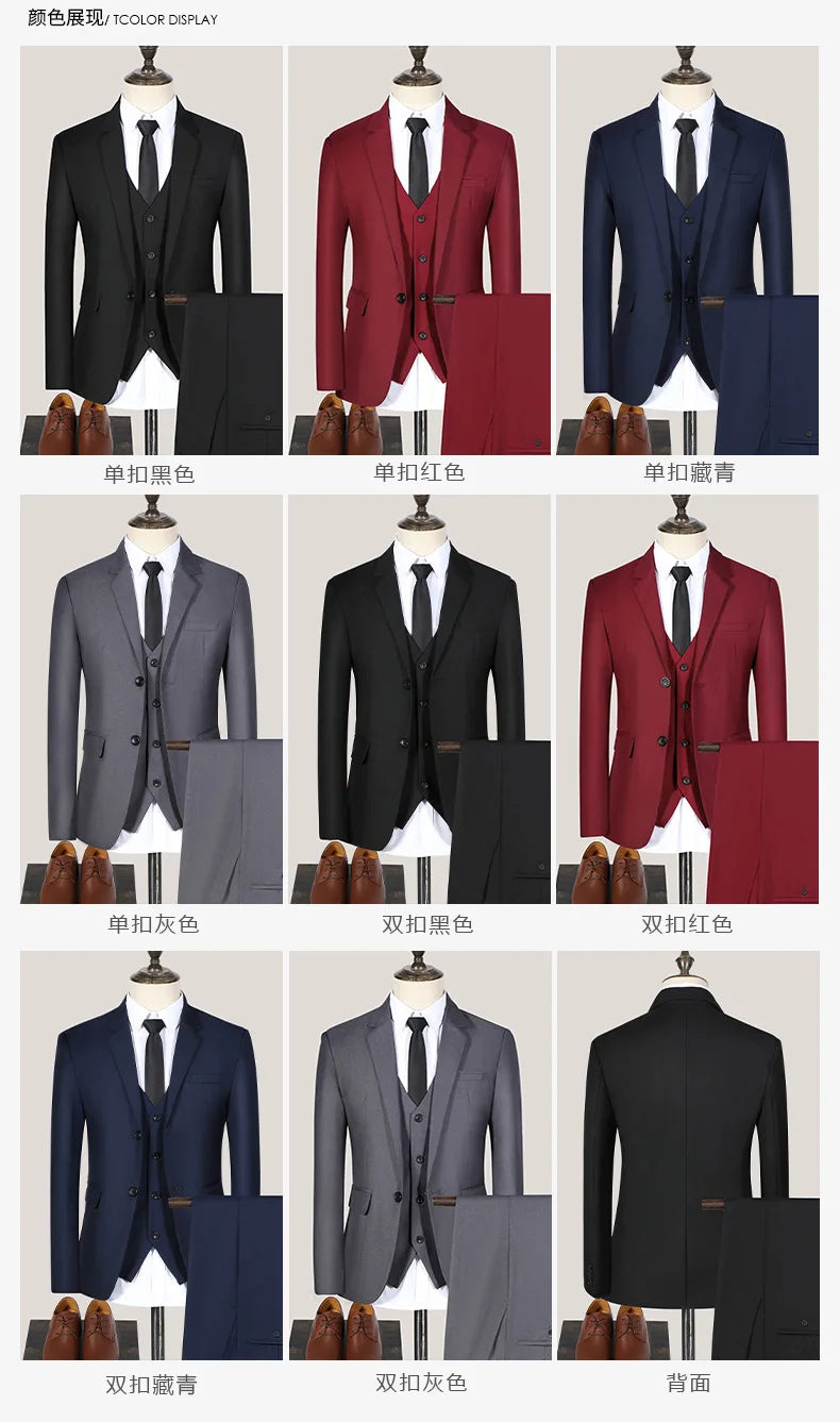 S-7XL Suit (Blazer+vest+pants) Business Dinner Gentleman Slim Gentleman Men British Style Dress Best Man Solid Color Group Suit