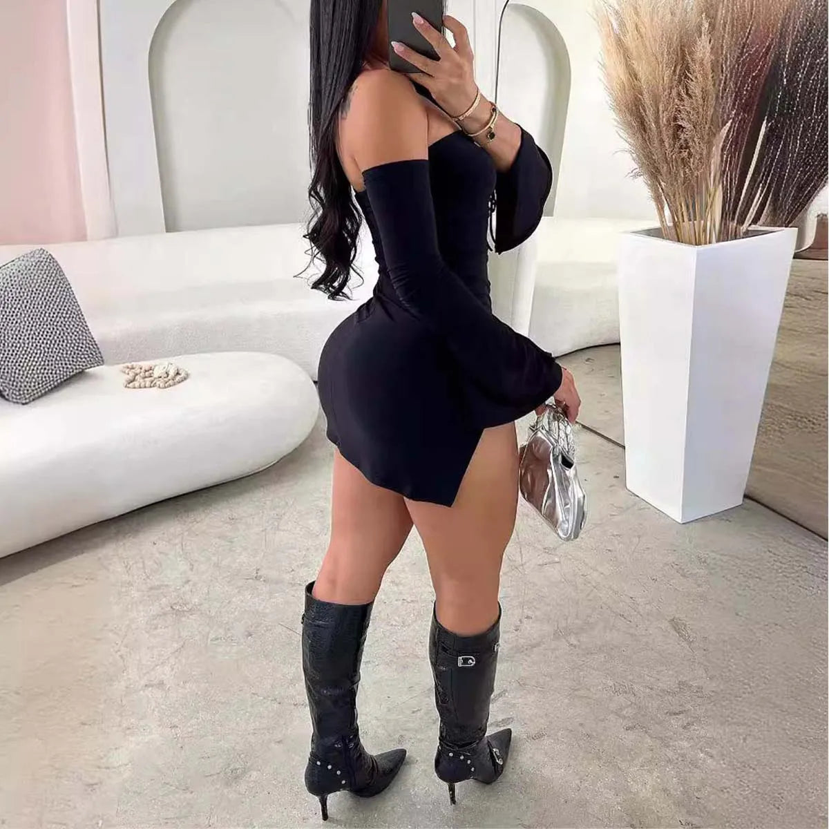 Women's Black Strapless Backless Mini Dress Off-Shoulder Long Sleeve Bodycon Club Party Dress for Women
