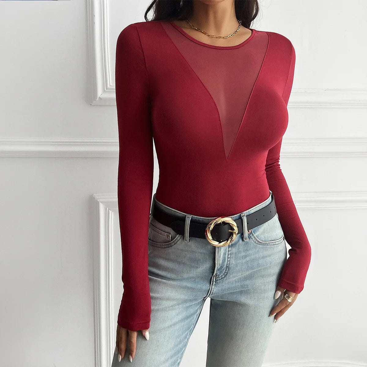 Sexy Deep V Long Sve T-irt Women's Autumn Winter Knitted Patchwork Slim Fit Y2K Crop Top Thiened European Sle