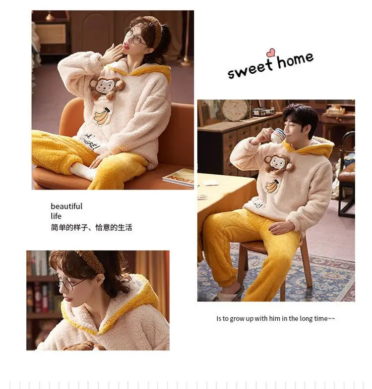 Couples Pajamas Women Men Winter Thicken Pyjamas Sleepwear Cartoon Dinosaur Korean Lovers Homewear Soft Warm Hoodies Pijama