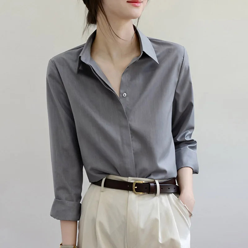 Spring Autumn Vintage Grey Loose Women's Blouse 2025 New Long Sleeve Single Breasted Korean Casual Office Lady Shirts Female