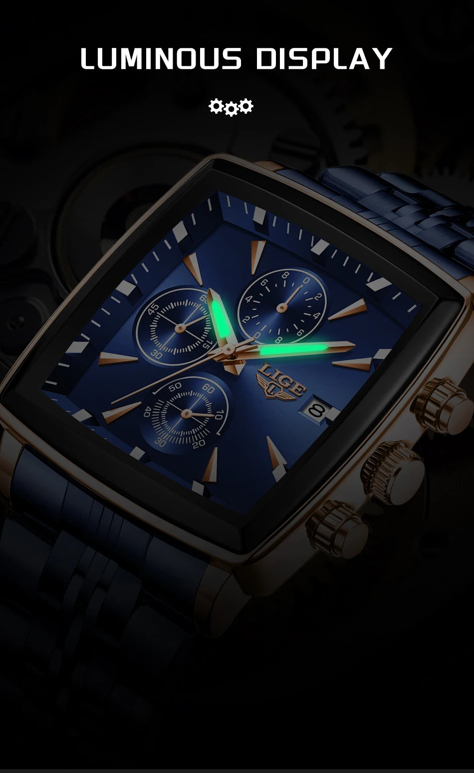 LIGE New Luxury Business Men Wristwatch Chronograph Waterproof Luminous Calendar Watch For Men Square Quartz Men's Watches Reloj