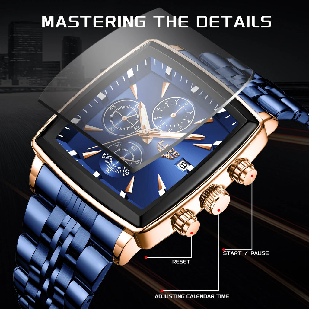 LIGE New Luxury Business Men Wristwatch Chronograph Waterproof Luminous Calendar Watch For Men Square Quartz Men's Watches Reloj