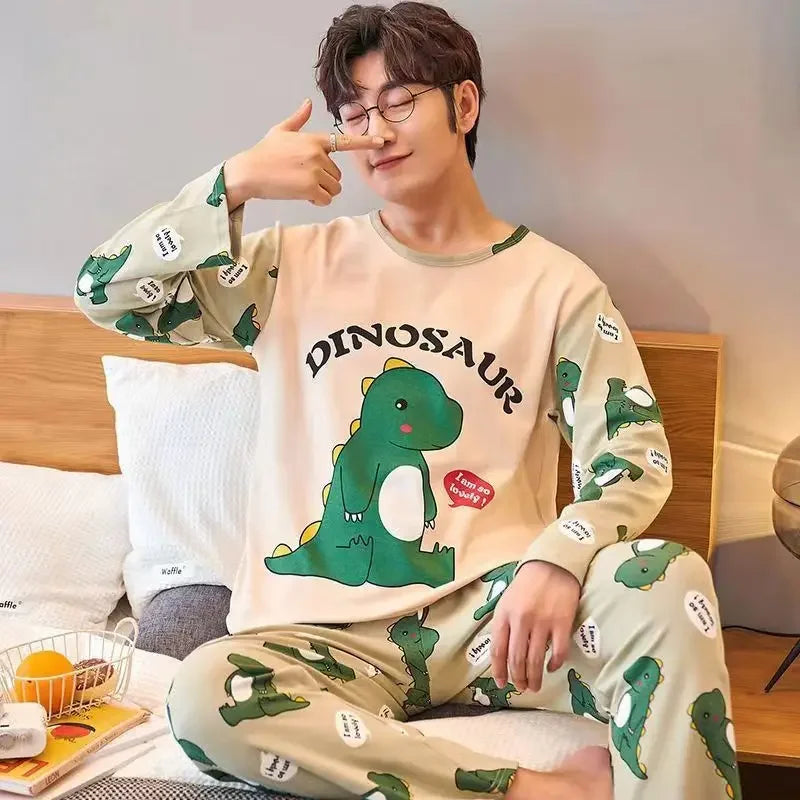 Men's Pajamas Set of Spring and Autumn Long-Sleeved Long Trousers Student Sleepwear Homewear Two-Piece O-Neck Top Plaid Trouser