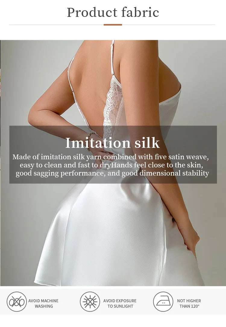 Sexy Female Lingerie Nightgown Patchwork Lace Backless Spaghetti Strap Nightdress Sleepwear Silky Satin Lounge Wear Home Dress