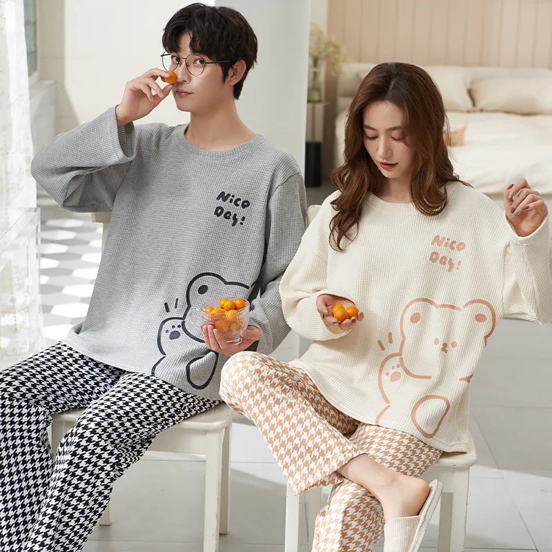 Couple's Pijama Sets M-3XL Autumn Spring Pajamas Lovely Cartoon Sleepwear Cotton Pyjamas For Women Man Top Pant Leisure Outwear