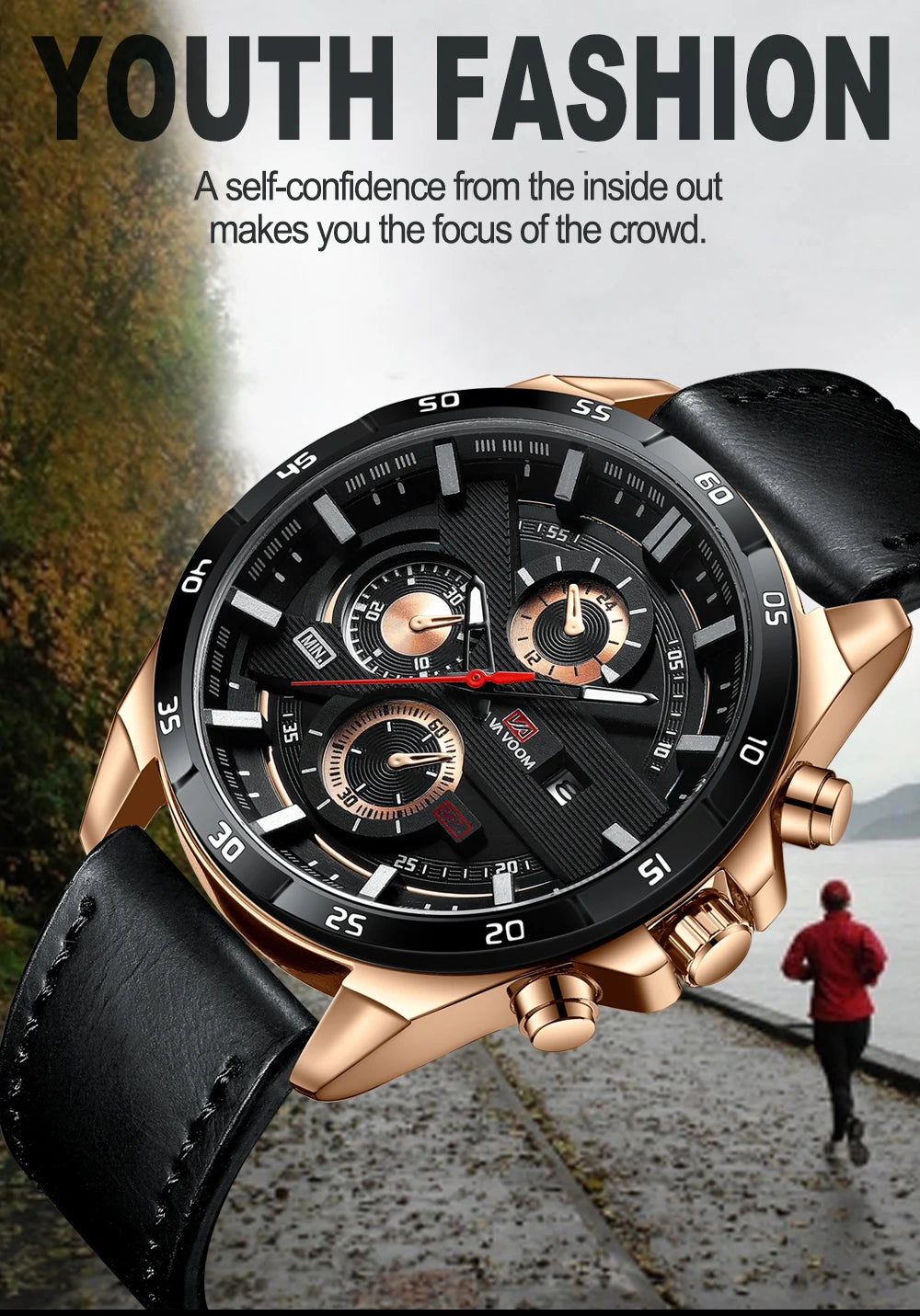 Top Men Watch Sports Style 46mm Large Leather Racing Style Casual Fashion Original Black Rose Gold Calendar Quartz Watch Relogio